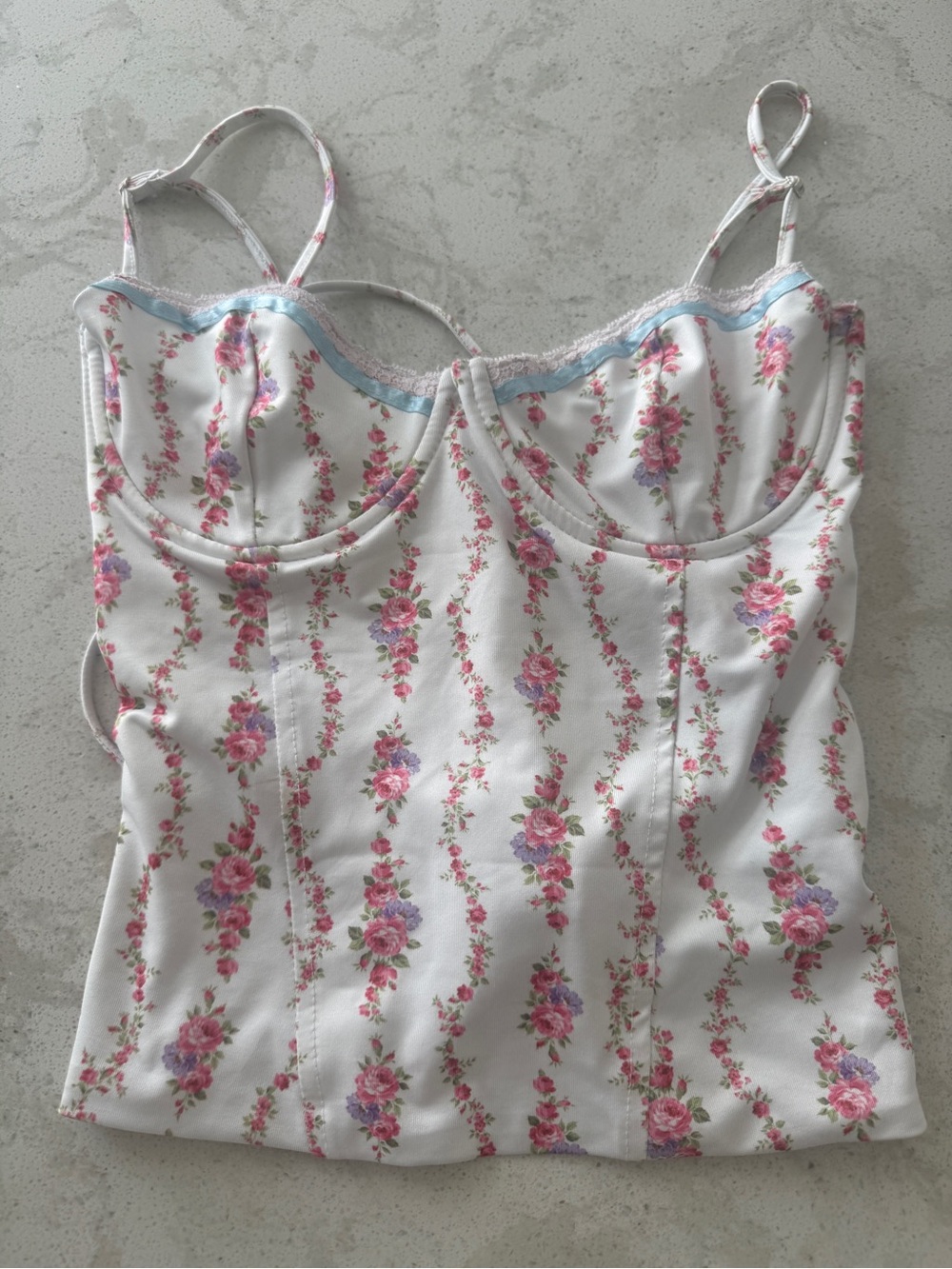 Edikted White Floral Bustier Tank with Pink & Purple Roses